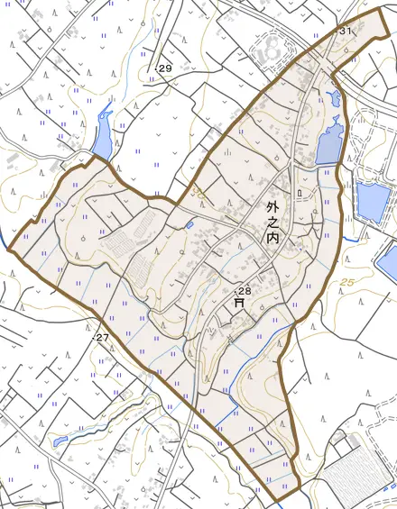 外之内とその周辺の地図。町の範囲を重ねている