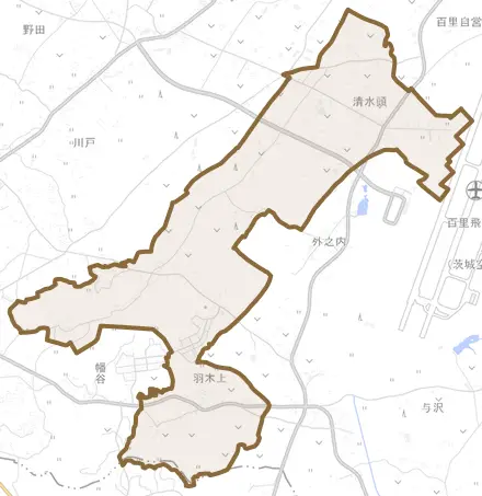 山野とその周辺の地図。町の範囲を重ねている