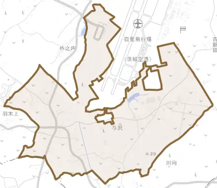 与沢とその周辺の地図。町の範囲を重ねている