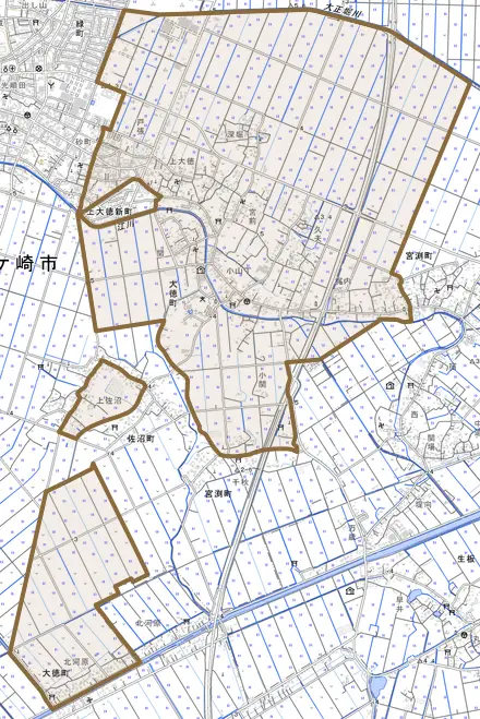 大徳町とその周辺の地図。町の範囲を重ねている