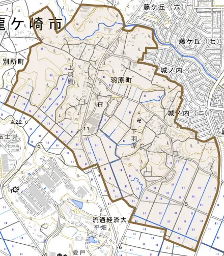 羽原町とその周辺の地図。町の範囲を重ねている
