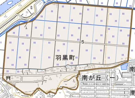 羽黒町とその周辺の地図。町の範囲を重ねている