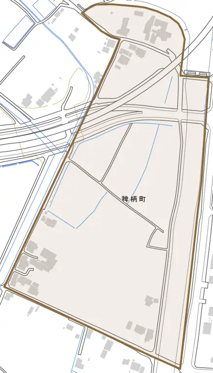 稗柄町とその周辺の地図。町の範囲を重ねている