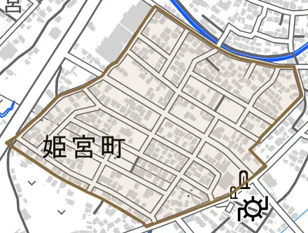 姫宮町とその周辺の地図。町の範囲を重ねている