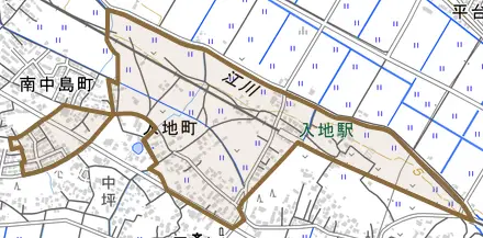 入地町とその周辺の地図。町の範囲を重ねている