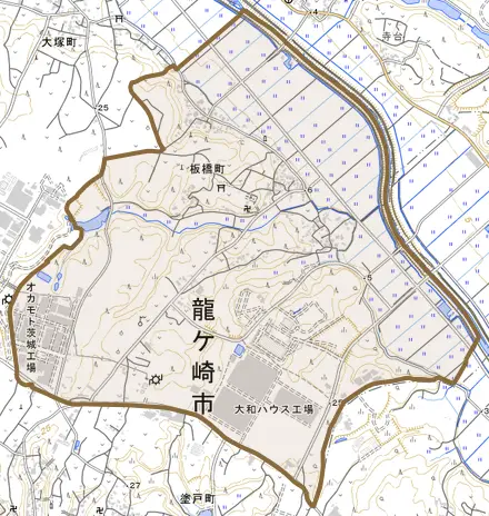 板橋町とその周辺の地図。町の範囲を重ねている