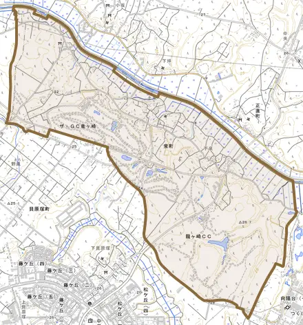 泉町とその周辺の地図。町の範囲を重ねている