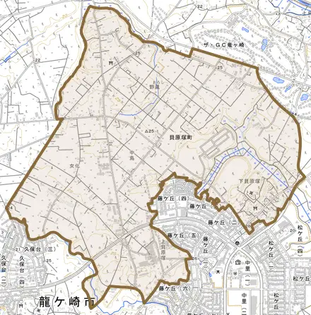 貝原塚町とその周辺の地図。町の範囲を重ねている