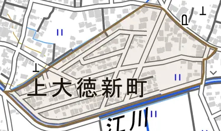上大徳新町とその周辺の地図。町の範囲を重ねている