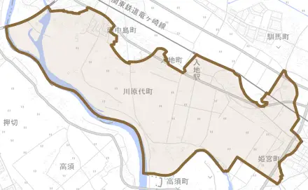 川原代町とその周辺の地図。町の範囲を重ねている