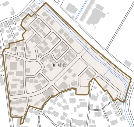川崎町とその周辺の地図。町の範囲を重ねている