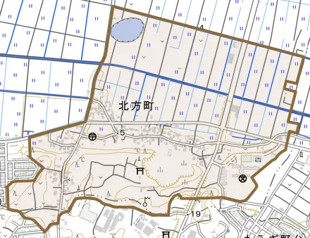 北方町とその周辺の地図。町の範囲を重ねている