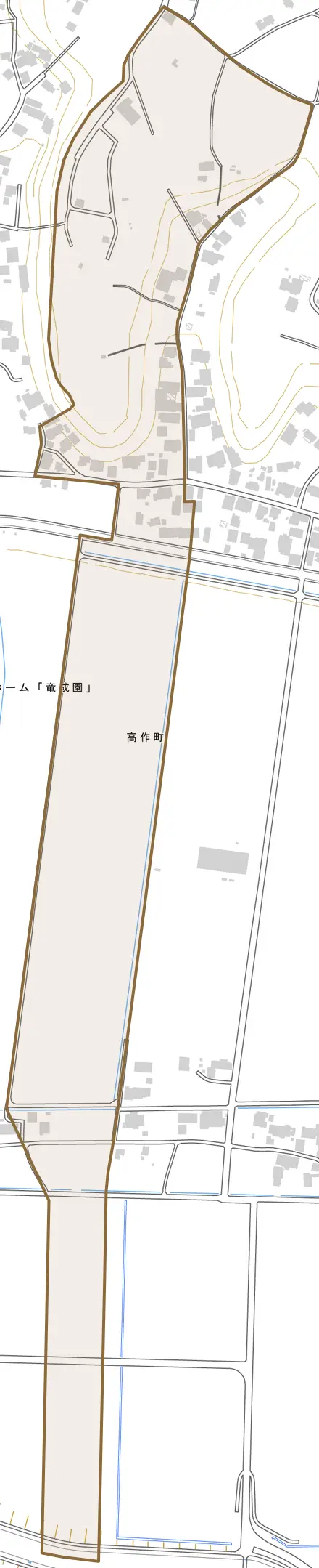 高作町とその周辺の地図。町の範囲を重ねている