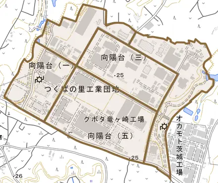 向陽台とその周辺の地図。町の範囲を重ねている