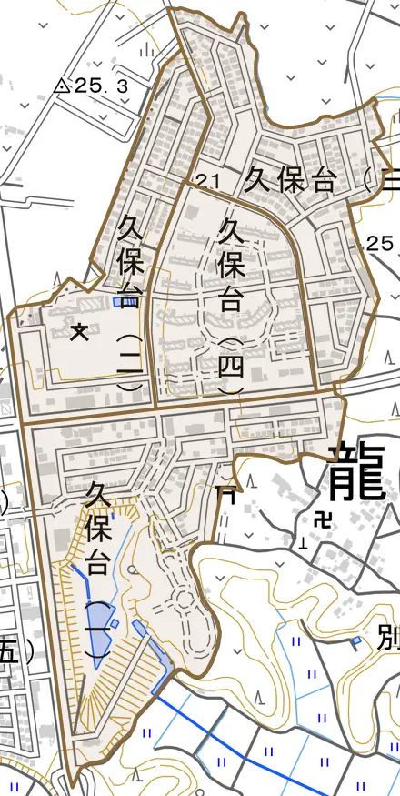 久保台とその周辺の地図。町の範囲を重ねている