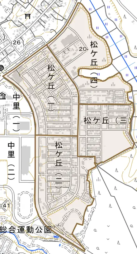 松ケ丘とその周辺の地図。町の範囲を重ねている