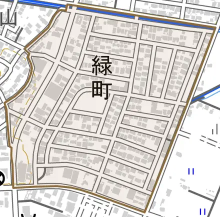 緑町とその周辺の地図。町の範囲を重ねている