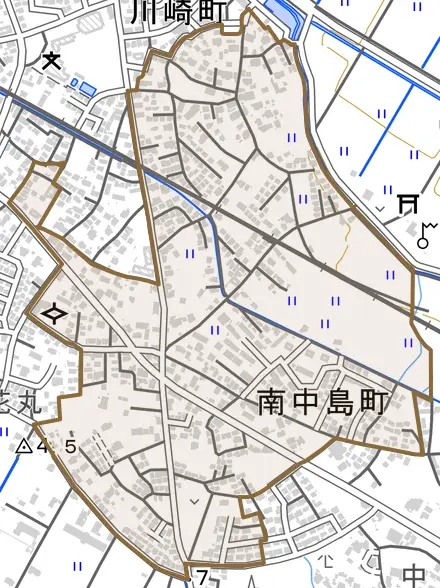 南中島町とその周辺の地図。町の範囲を重ねている