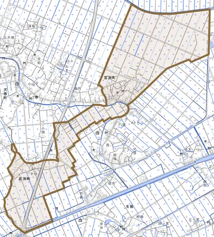 宮渕町とその周辺の地図。町の範囲を重ねている