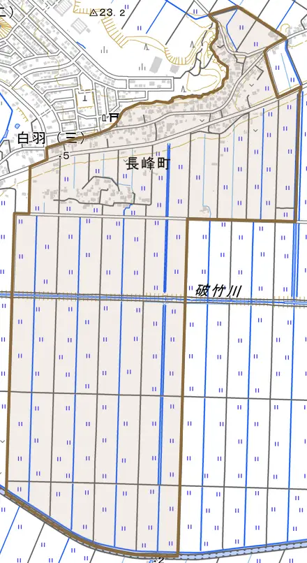 長峰町とその周辺の地図。町の範囲を重ねている