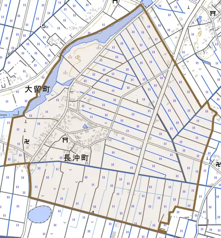 長沖町とその周辺の地図。町の範囲を重ねている