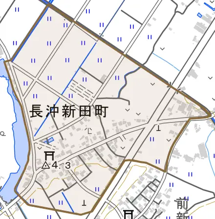 長沖新田町とその周辺の地図。町の範囲を重ねている