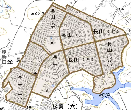 長山とその周辺の地図。町の範囲を重ねている