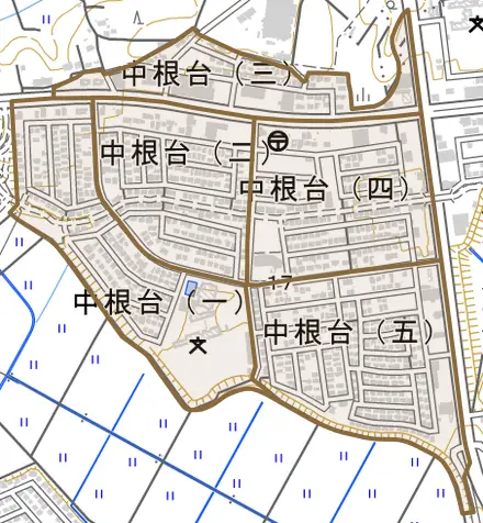 中根台とその周辺の地図。町の範囲を重ねている