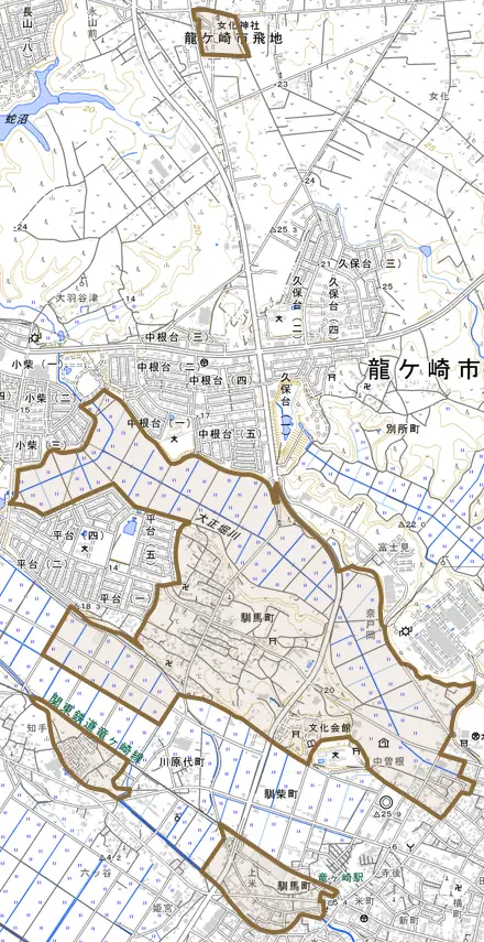 馴馬町とその周辺の地図。町の範囲を重ねている