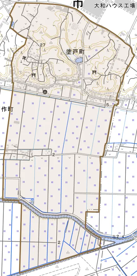 塗戸町とその周辺の地図。町の範囲を重ねている