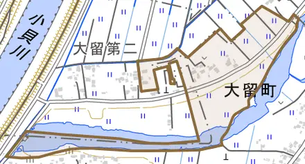 大留町とその周辺の地図。町の範囲を重ねている