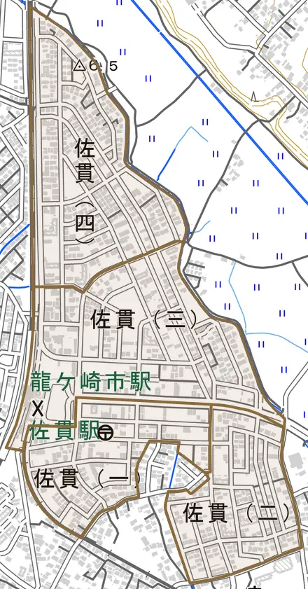 佐貫とその周辺の地図。町の範囲を重ねている