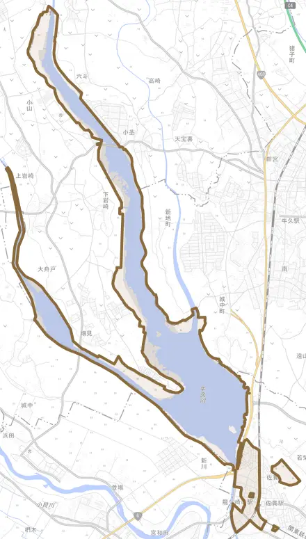 佐貫町とその周辺の地図。町の範囲を重ねている