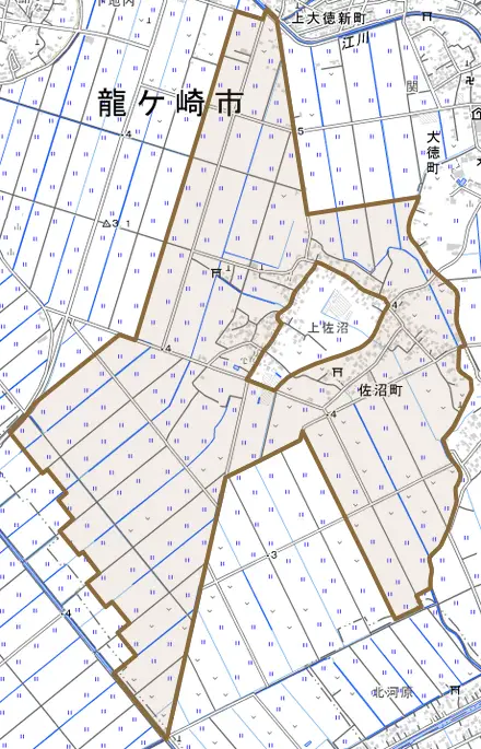 佐沼町とその周辺の地図。町の範囲を重ねている