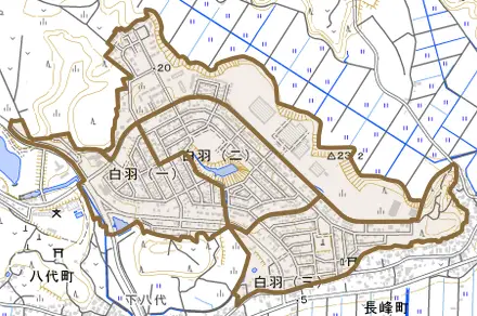 白羽とその周辺の地図。町の範囲を重ねている