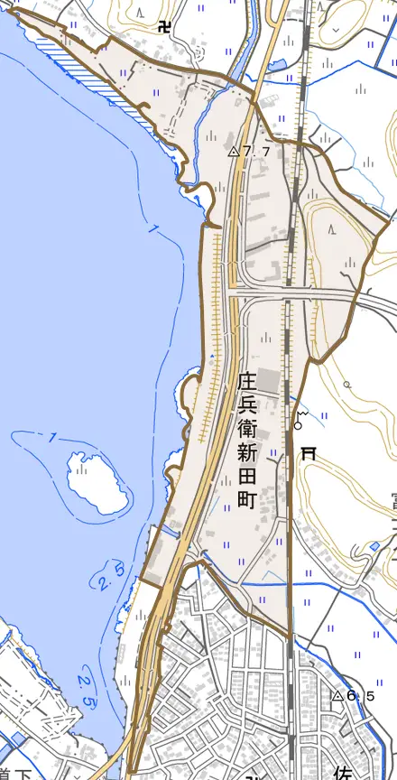 庄兵衛新田町とその周辺の地図。町の範囲を重ねている