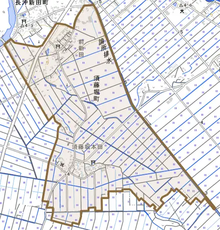 須藤堀町とその周辺の地図。町の範囲を重ねている