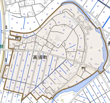 高須町とその周辺の地図。町の範囲を重ねている