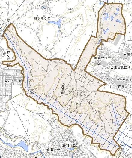 薄倉町とその周辺の地図。町の範囲を重ねている