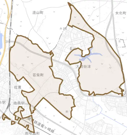若柴町とその周辺の地図。町の範囲を重ねている