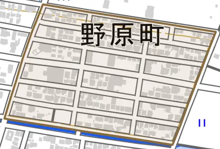 野原町とその周辺の地図。町の範囲を重ねている