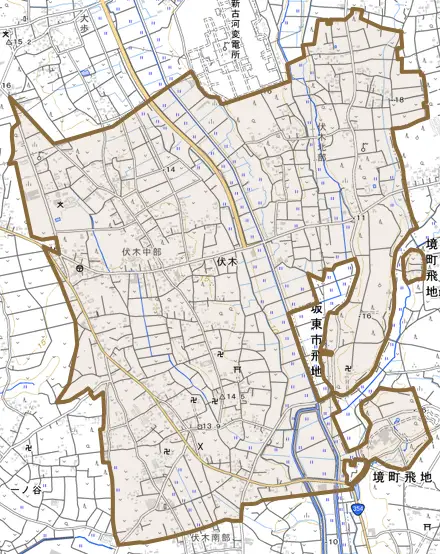 大字伏木とその周辺の地図。町の範囲を重ねている