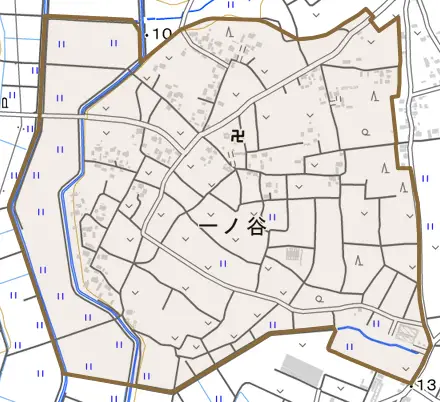大字一ノ谷とその周辺の地図。町の範囲を重ねている