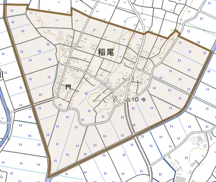 大字稲尾とその周辺の地図。町の範囲を重ねている
