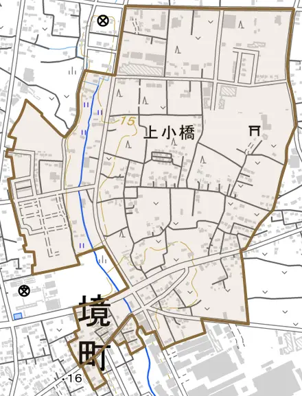 大字上小橋とその周辺の地図。町の範囲を重ねている