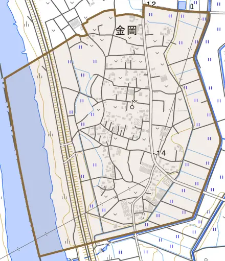 大字金岡とその周辺の地図。町の範囲を重ねている