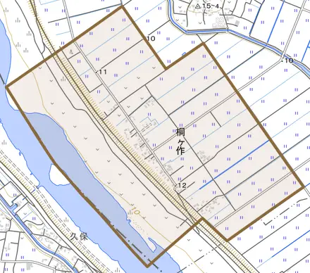 大字桐ケ作とその周辺の地図。町の範囲を重ねている
