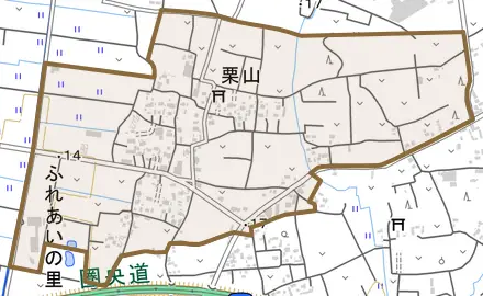 大字栗山とその周辺の地図。町の範囲を重ねている