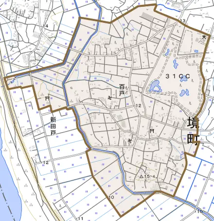 大字百戸とその周辺の地図。町の範囲を重ねている