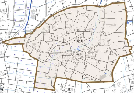 大字下砂井とその周辺の地図。町の範囲を重ねている